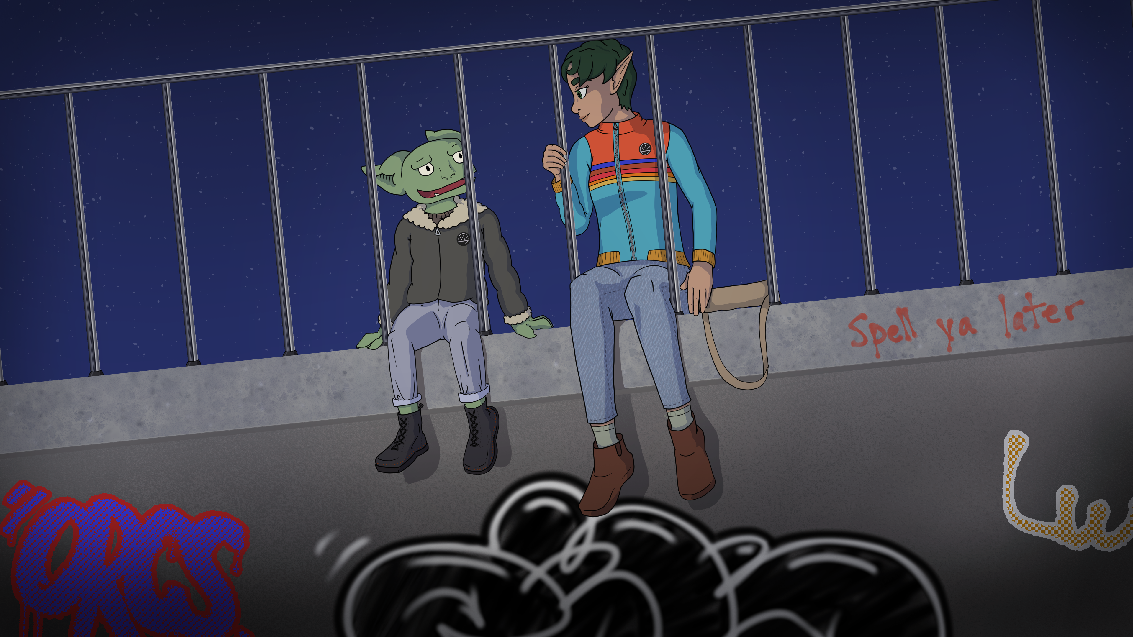 Dustin and Lauren from Love in the Time of Spellphage sitting on an overpass.